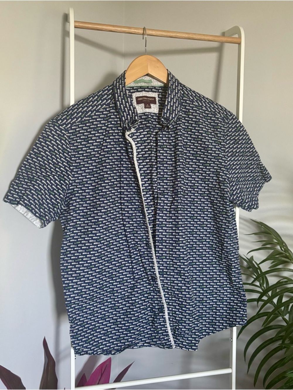 Johnston & Murphy Navy Short-Sleeve Button-Down, Fish Bone Print - Picture 5 of 16